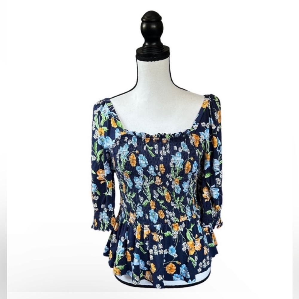 Draper James Smocked Peplum Knit Top Nassau Navy Floral Puff Sleeve Coquette XS
